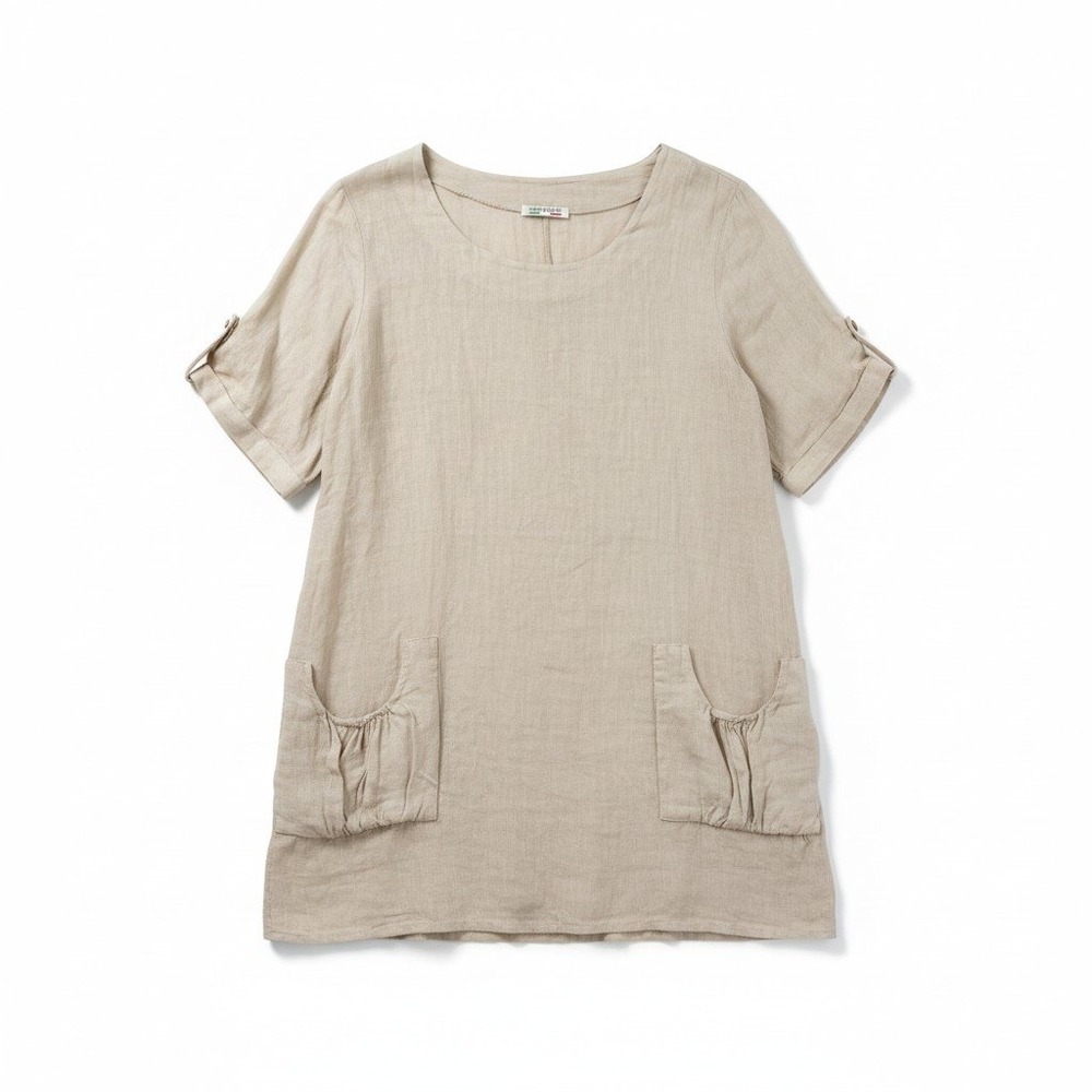 Made in Italy Linen Tunic Roll Tab Sleeve Pocket Pullover Beige Casual Size OS